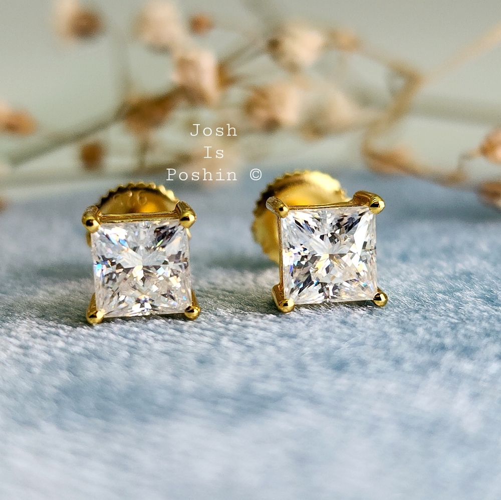 Princess cut moissanite screw back stud earrings in gold over sterling silver